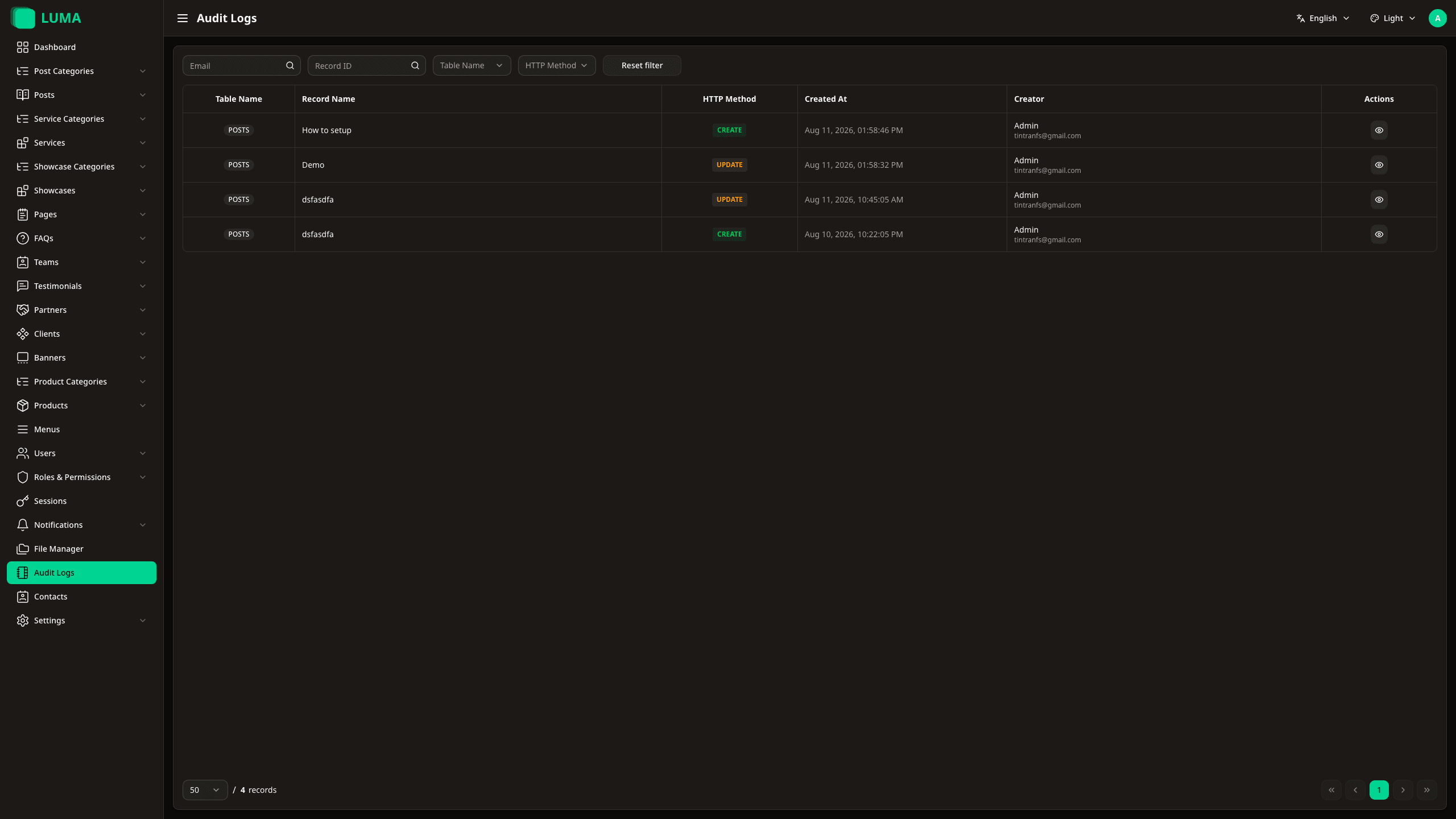 Audit logs screen