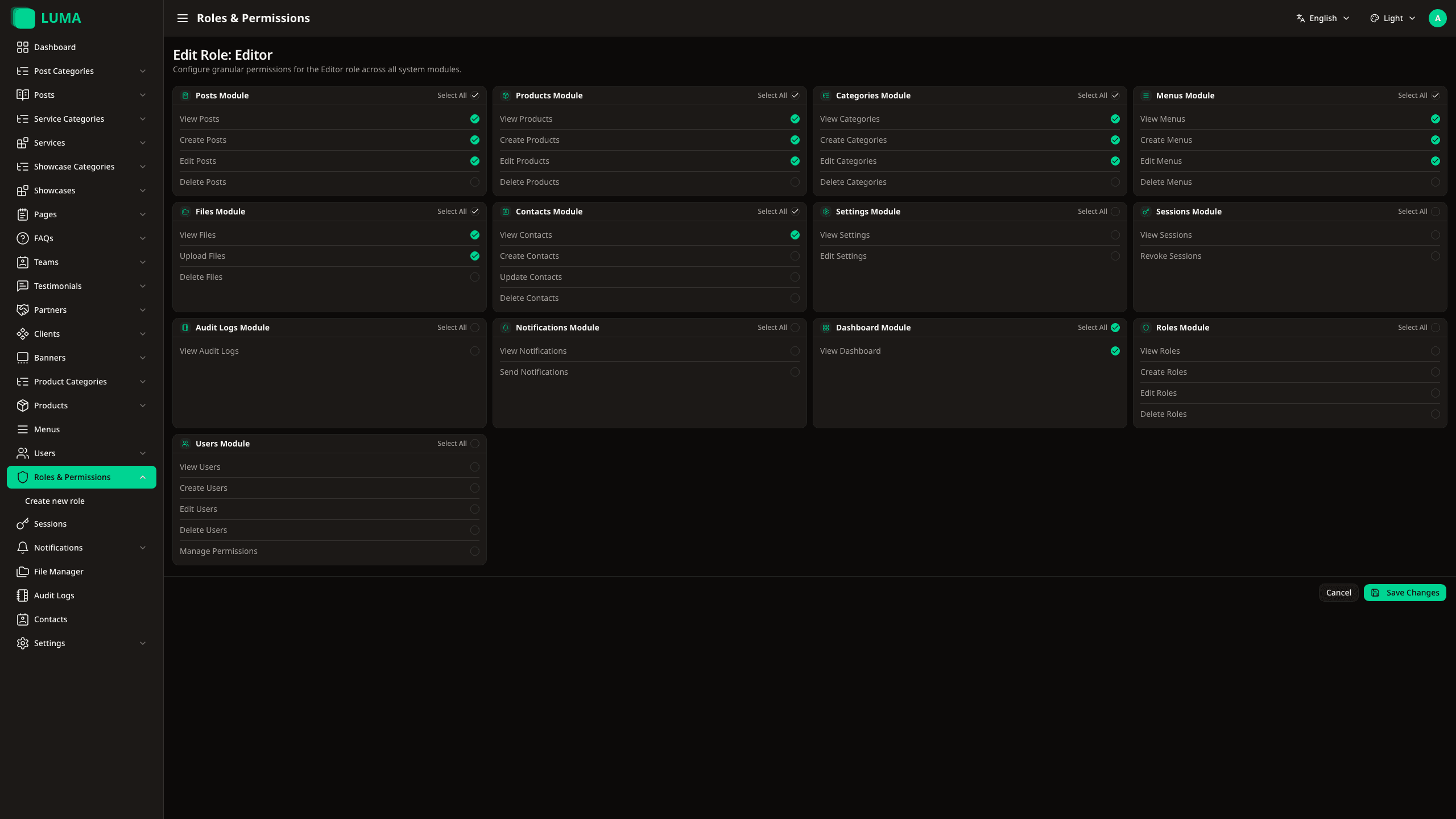 Edit permissions screen